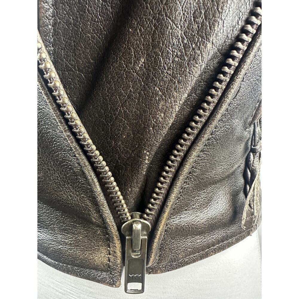 Unik Distressed Brown Leather Braided Moto Motorcycle Jacket Cross Zip Size XS - Picture 8 of 16